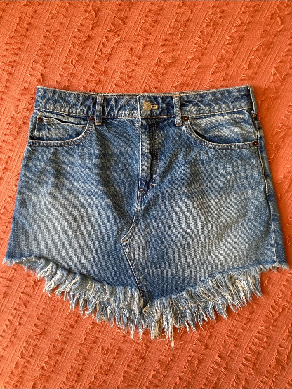 We The Free Blue Raw Edge Denim Mini Skirt with Branded Button 100% Cotton
